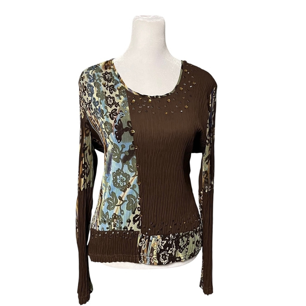 Alberto Makali Brown Beaded Crinkle Stretch Blouse Size Large NWT